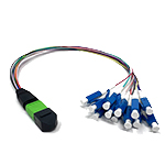 Stock 13.80 Inch (35 cm) 12 Fiber 1 X 12 MPO APC Male to 12 X LC UPC Simplex Singlemode OFNR Riser Rated Fiber Optic Fanout Cable Assembly - Method A Straight Through - 0.09mm Furcation